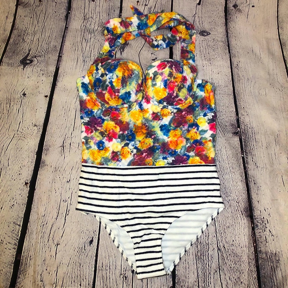 ModCloth Halter Swimsuit Multi Floral Stripe NWT